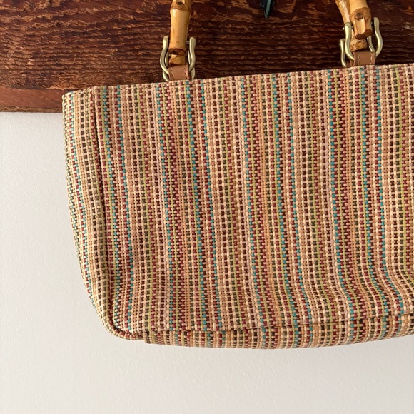 Relic—Woven Raffia Stripe Handbag Purse, Bamboo Handles - Picture 4 of 7